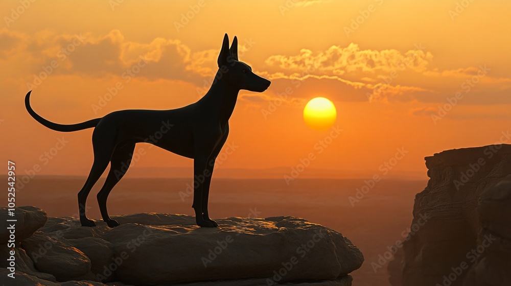 Silhouette of a Dog Standing on a Cliff at Sunset Silhouette of a Dog Standing on a Cliff at Sunset