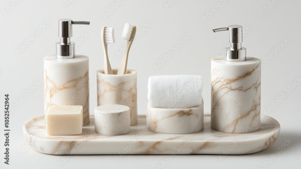 Elegant Marble Bathroom Set with Soap Dispenser, Toothbrush Holder, and Towel on Tray