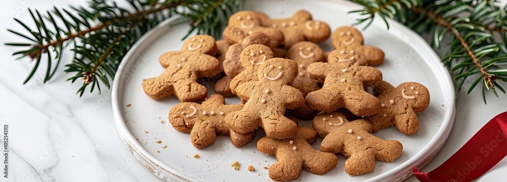 Christmas gingerbread cookies with smiling faces on a plate, decorated with pine branches, festive holiday treats Christmas gingerbread cookies with smiling faces on a plate, decorated with pine branches, festive holiday treats