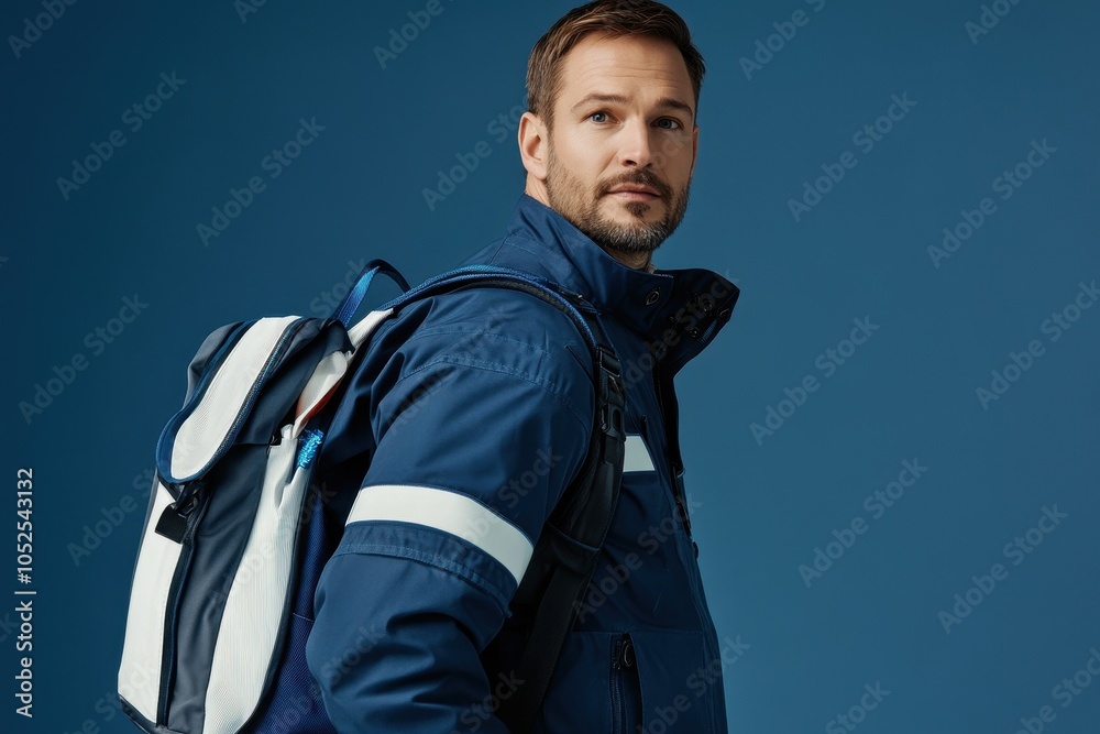 A professional man in a blue jacket and backpack poses confidently against a solid blue background A professional man in a blue jacket and backpack poses confidently against a solid blue background