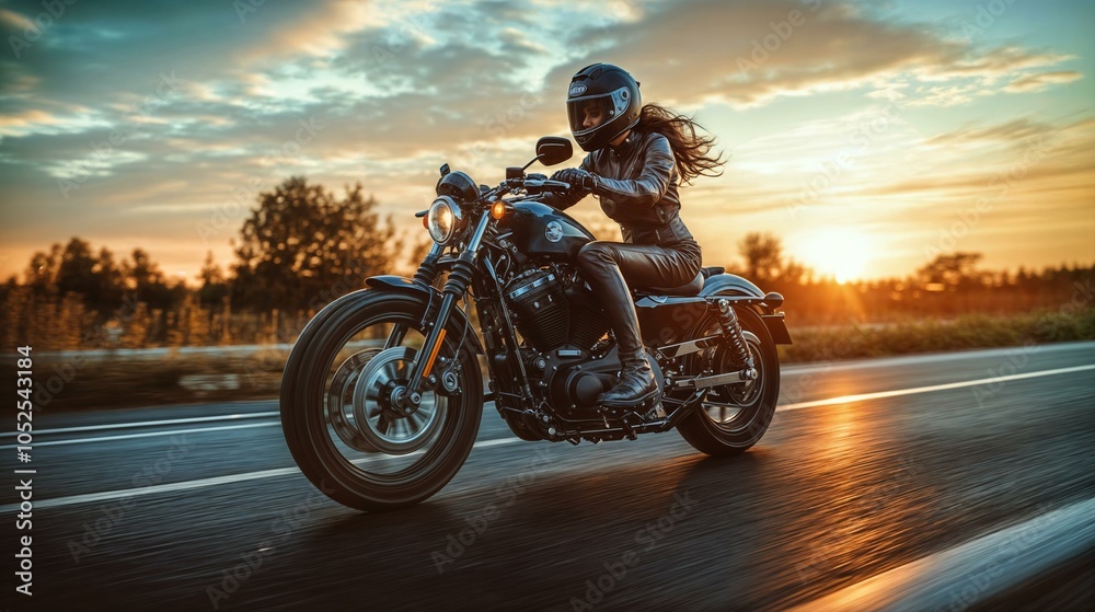 Obraz premium Woman riding motorcycle on scenic sunset highway journey