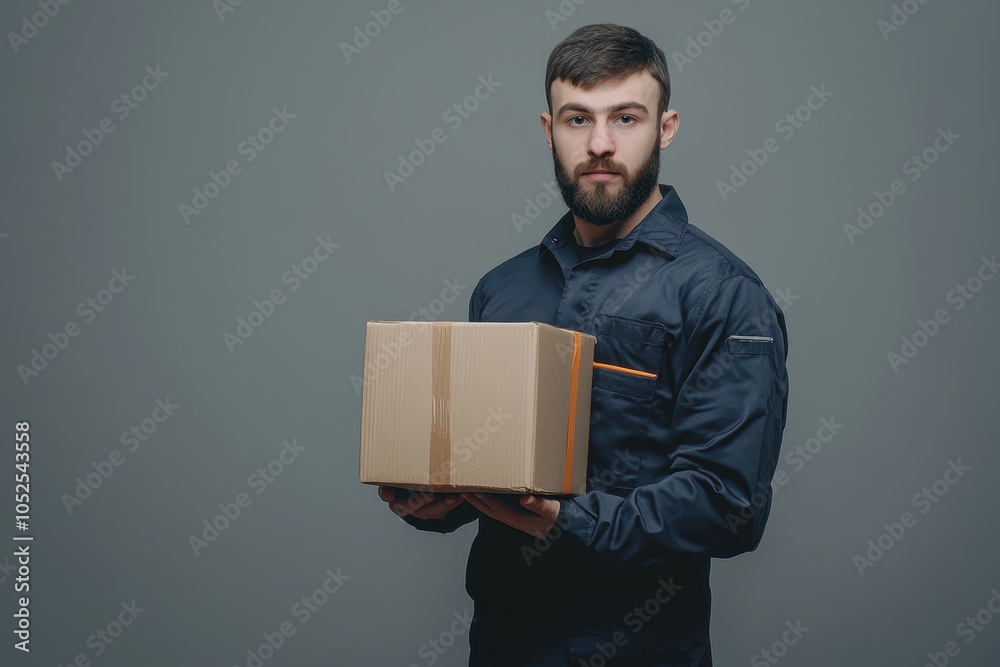 A delivery worker in uniform holding a package while standing against a grey background in a studio setting A delivery worker in uniform holding a package while standing against a grey background in a studio setting