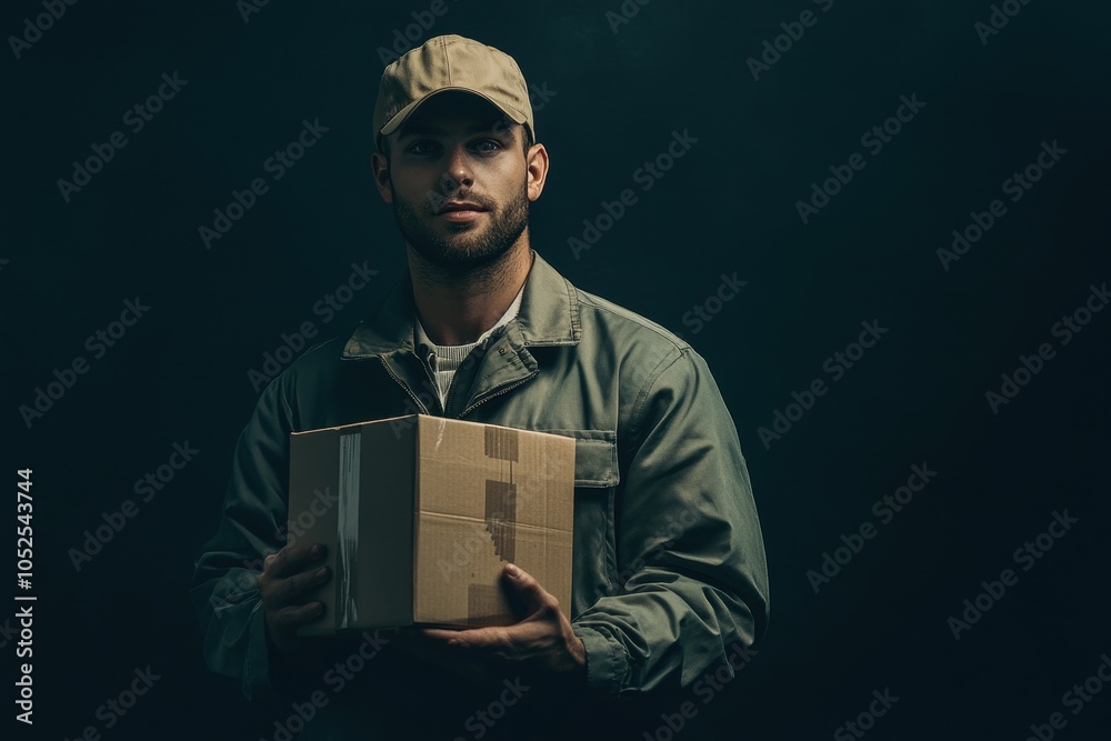 A man in a cap and jacket holds a cardboard box against a dark background in an indoor setting A man in a cap and jacket holds a cardboard box against a dark background in an indoor setting