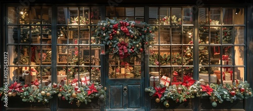 A storefront window decorated for Christmas with wreaths, garlands, and gifts.