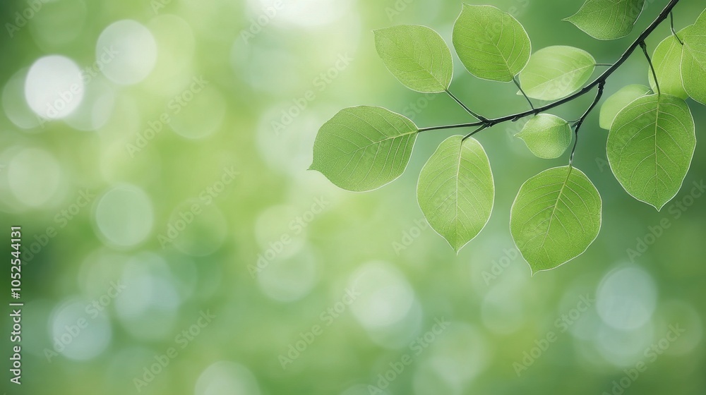 Fototapeta premium Fresh green leaves gently swaying on a branch in a serene forest during daylight hours