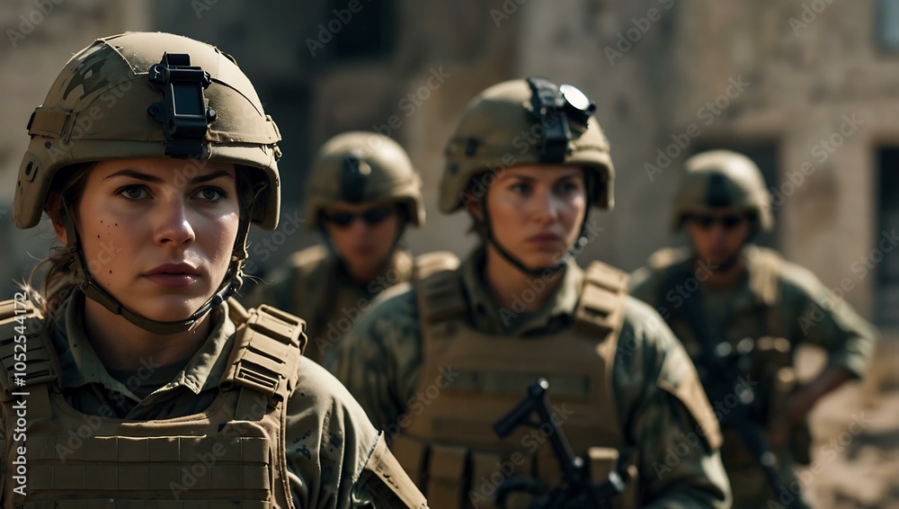 Woman leading a tactical team in a military operation. Woman leading a tactical team in a military operation.