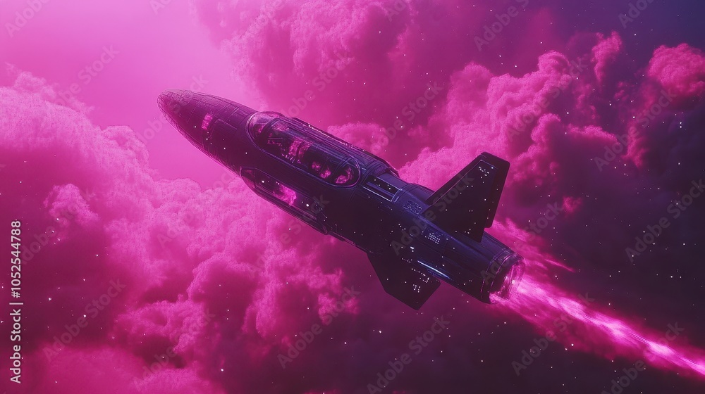 Fototapeta premium Futuristic Spaceship Soaring Through Pink Clouds