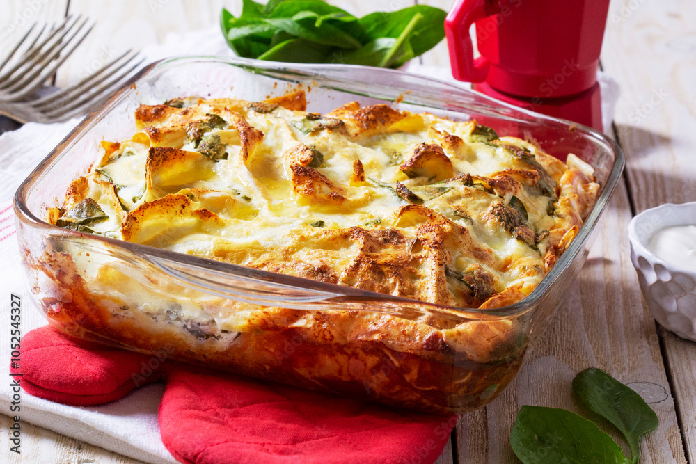 Traditional Bulgarian or Balkan pie banitsa made from filo dough, cream cheese and spinach.