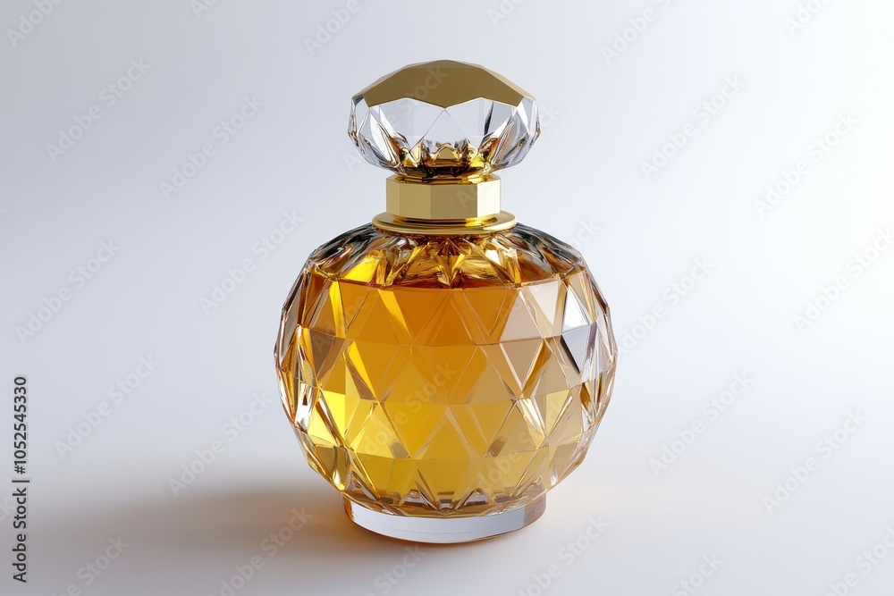 A luxurious crystal bottle of golden perfume with a geometric design on a minimalist background A luxurious crystal bottle of golden perfume with a geometric design on a minimalist background