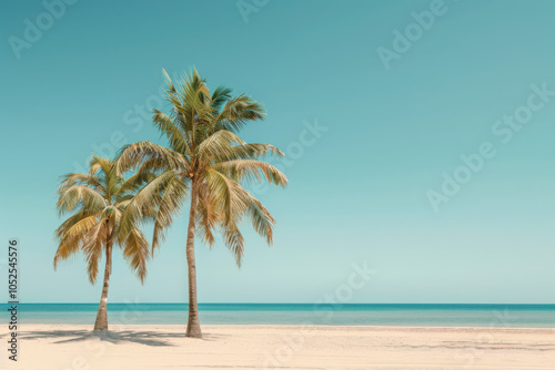 A beach scene in the summer, with palm trees on the sandy beach and a clear blue sky. In the center of the composition, there is an open space on the beach.