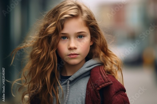 Portrait of a cute little girl with long curly hair on the street