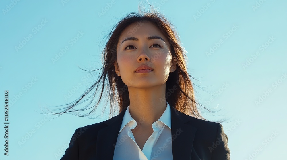 Asian businesswoman standing tall and proud under a clear blue sky, with her hair gently blowing in the wind, dressed professionally