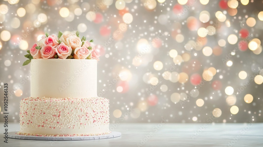 Elegant two tier cake adorned with roses on a festive backdrop during a celebration Elegant two tier cake adorned with roses on a festive backdrop during a celebration