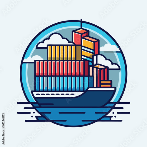 A colorful illustration of a cargo ship with containers.
