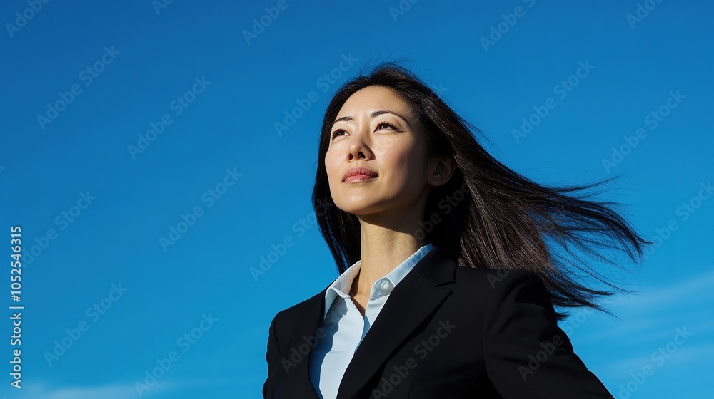 Asian businesswoman standing tall and proud under a clear blue sky, with her hair gently blowing in the wind, dressed professionally Asian businesswoman standing tall and proud under a clear blue sky, with her hair gently blowing in the wind, dressed professionally