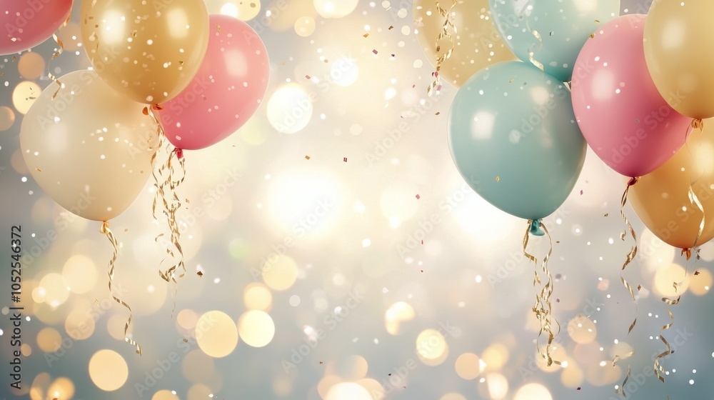 Colorful balloons floating against a soft pink background with confetti decorations Colorful balloons floating against a soft pink background with confetti decorations
