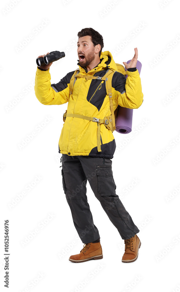 Emotional man with backpack and binoculars on white background. Active tourism Emotional man with backpack and binoculars on white background. Active tourism