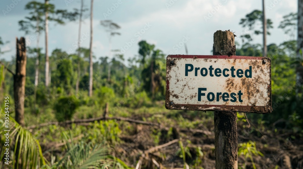 Obraz premium Rusty Sign Marking a Protected Forest Area