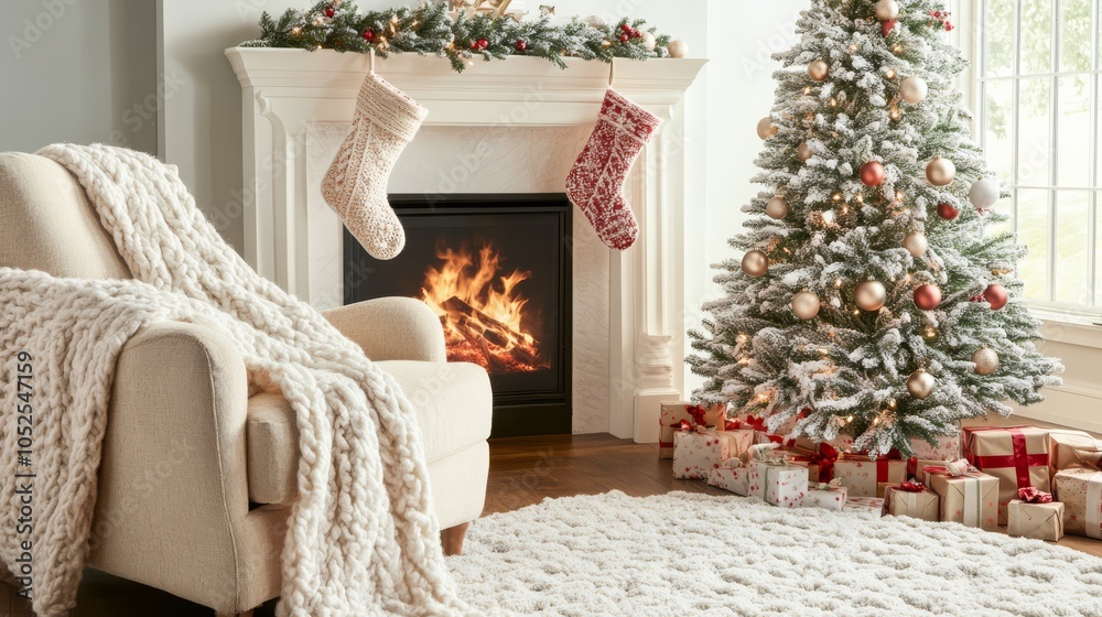 Fototapeta premium Cozy Christmas Fireplace: A warm, inviting scene of a decorated Christmas tree, a crackling fireplace, and cozy armchair with a blanket, perfect for holiday cheer.