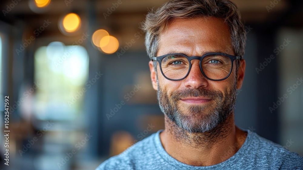 Man with glasses smiling warmly in a bright, modern café during the day Man with glasses smiling warmly in a bright, modern café during the day