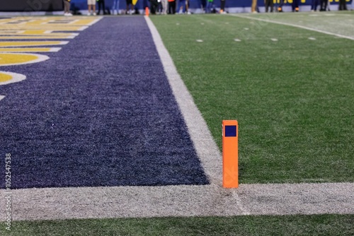 Close-up of an end zone pylon on a college football field photo