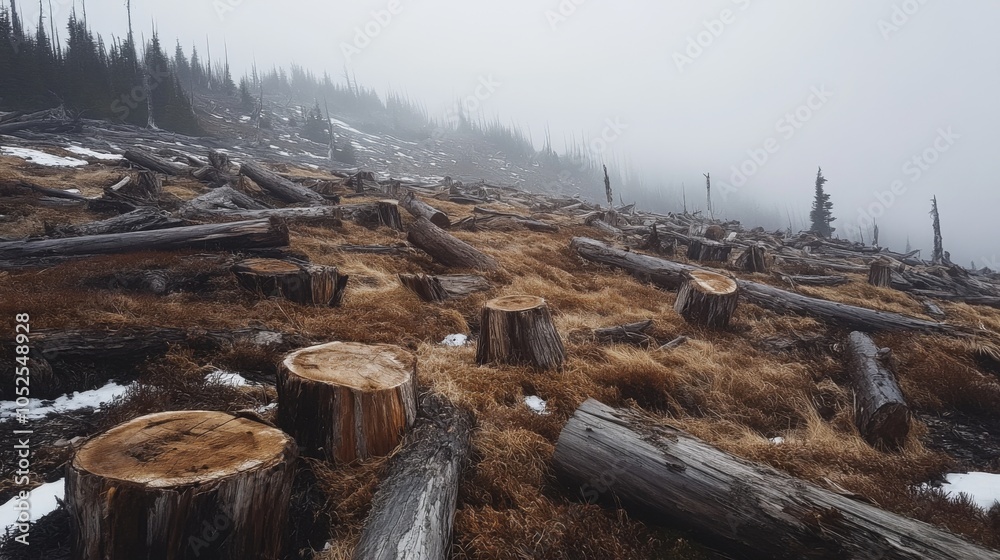 A Foggy Forest Clearing with Fallen Logs and Tree Stumps A Foggy Forest Clearing with Fallen Logs and Tree Stumps