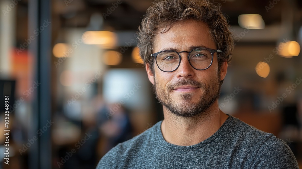 Young man with glasses smiling in a modern café setting during daylight hours Young man with glasses smiling in a modern café setting during daylight hours