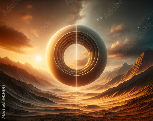 Surreal Desert Landscape with Floating Geometric Sphere at Sunrise photo