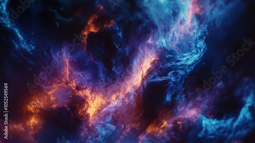 Abstract colorful nebula-like cloudscape with vivid orange, blue, and purple hues, resembling cosmic energy or a galaxy in deep space, creating a sense of mystery and awe