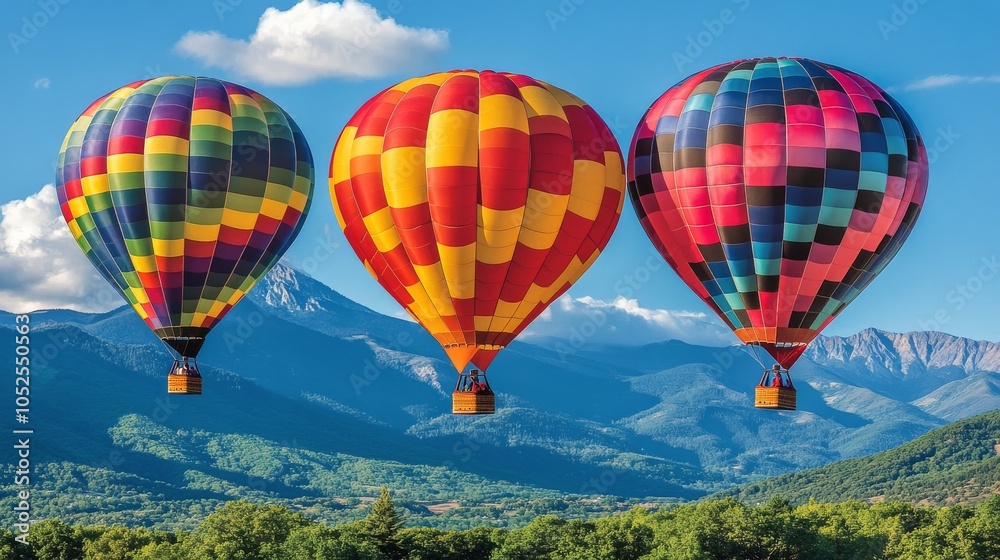 Fototapeta premium Hot air balloons ascend over a tranquil cityscape at sunrise with mountains in the background