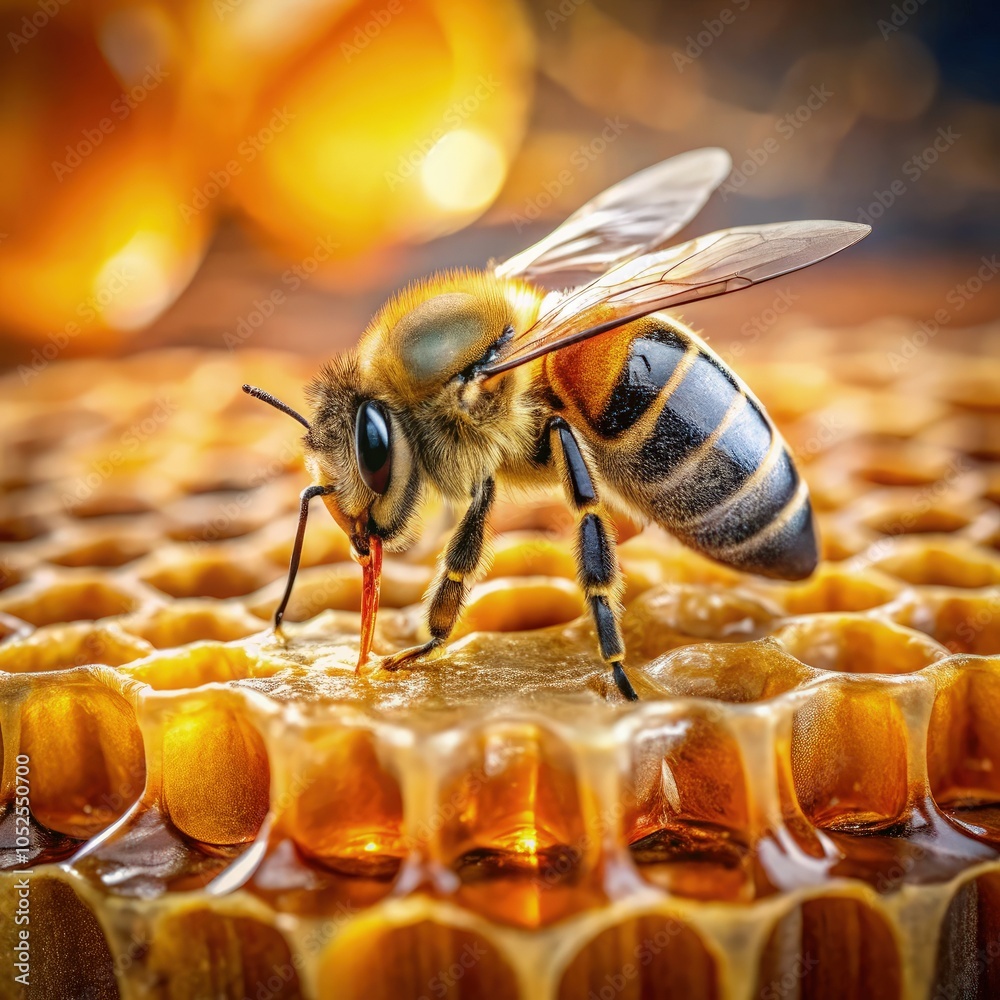 Bee perched on a honeycomb cell during daylight in a natural setting. Generative AI Bee perched on a honeycomb cell during daylight in a natural setting. Generative AI