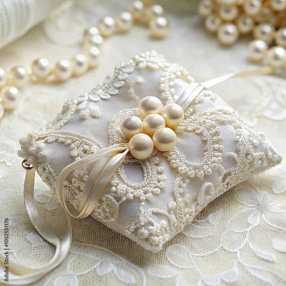 Delicate lace bridal pouch adorned with pearls for elegant wedding details. Generative AI Delicate lace bridal pouch adorned with pearls for elegant wedding details. Generative AI
