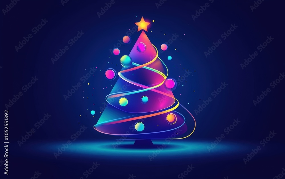 Christmas tree neon light and a bokeh effect on a blue background. Abstract illustration of a New Year's celebration, party, or holiday greeting card design. Merry Christmas Christmas tree neon light and a bokeh effect on a blue background. Abstract illustration of a New Year's celebration, party, or holiday greeting card design. Merry Christmas
