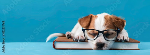 Cute little puppy dog with glasses lying on a book