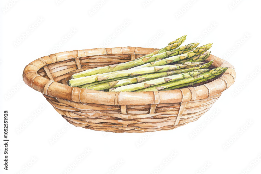 Obraz premium A woven basket holds fresh, green asparagus spears, showcasing a simple yet natural presentation of this nutritious vegetable.