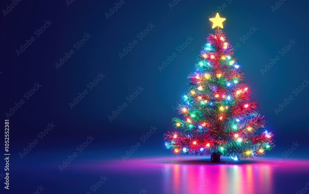 Christmas tree neon light and a bokeh effect on a blue background. Abstract illustration of a New Year's celebration, party, or holiday greeting card design. Merry Christmas Christmas tree neon light and a bokeh effect on a blue background. Abstract illustration of a New Year's celebration, party, or holiday greeting card design. Merry Christmas