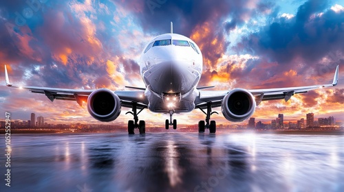 A white airplane on the runway with the city skyline and a colorful sky in the background.