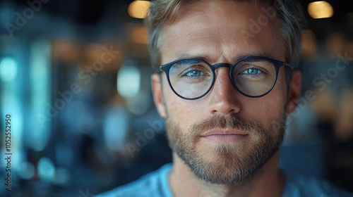 A young man with blue eyes and glasses presents a thoughtful expression in a cozy indoor setting during the day