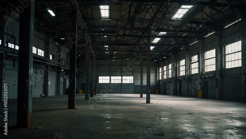 Blurred view of an empty warehouse with a metal roof.