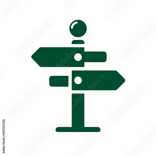 Stylized directional signpost design in green color representing navigation and travel 