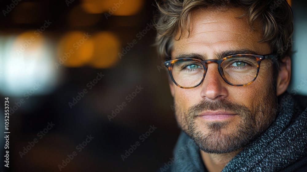 A close-up portrait of a man with glasses and tousled hair, showcasing his thoughtful expression in a cozy indoor setting during evening hours A close-up portrait of a man with glasses and tousled hair, showcasing his thoughtful expression in a cozy indoor setting during evening hours