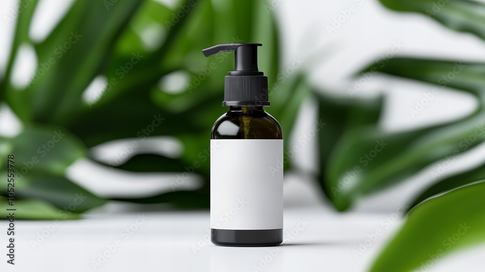 A sleek, dark glass bottle with a pump dispenser, set against a blurred background of lush green leaves. The bottle is labeled with a blank white label, perfect for branding. A sleek, dark glass bottle with a pump dispenser, set against a blurred background of lush green leaves. The bottle is labeled with a blank white label, perfect for branding.