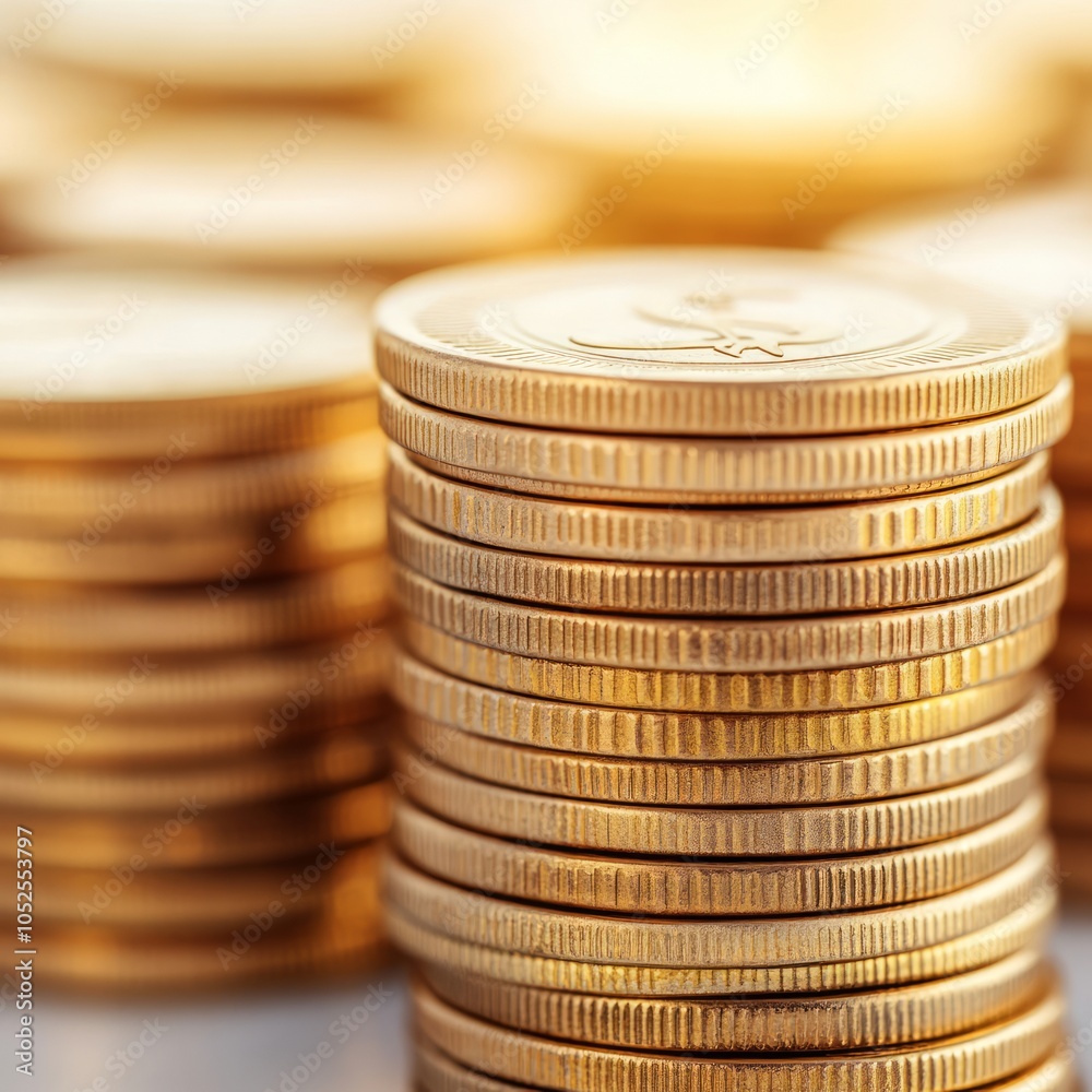 Stacks of gold coins glimmering in soft light, symbolizing wealth and investment. Stacks of gold coins glimmering in soft light, symbolizing wealth and investment.