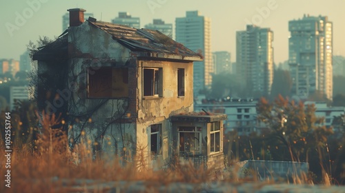 Abandoned, dirty, ruined condemned house against a clean, modern city backdrop. The picture offers plenty of copy space