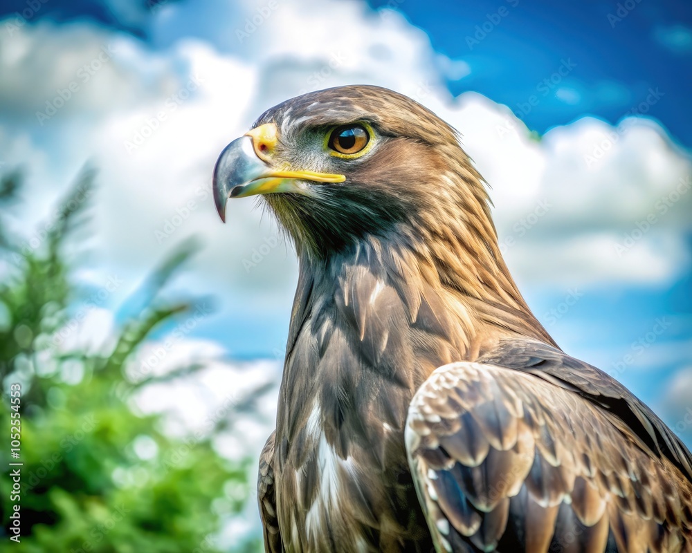 Golden eagle perched against a bright blue sky with clouds in the background. Generative AI Golden eagle perched against a bright blue sky with clouds in the background. Generative AI