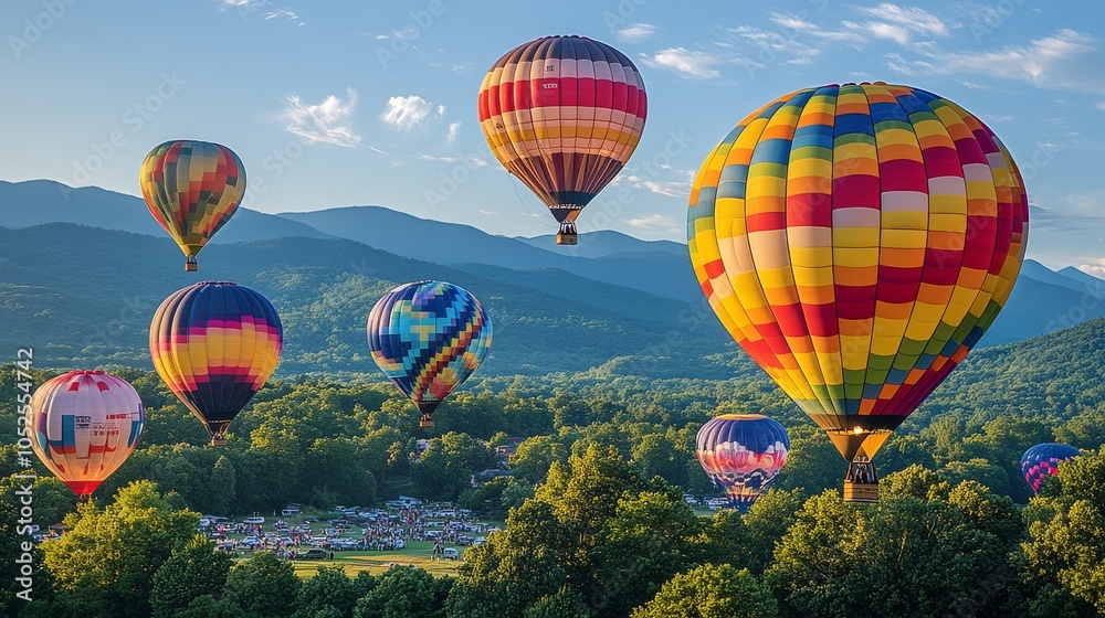 Fototapeta premium Hot air balloons ascend over a tranquil cityscape at sunrise with mountains in the background