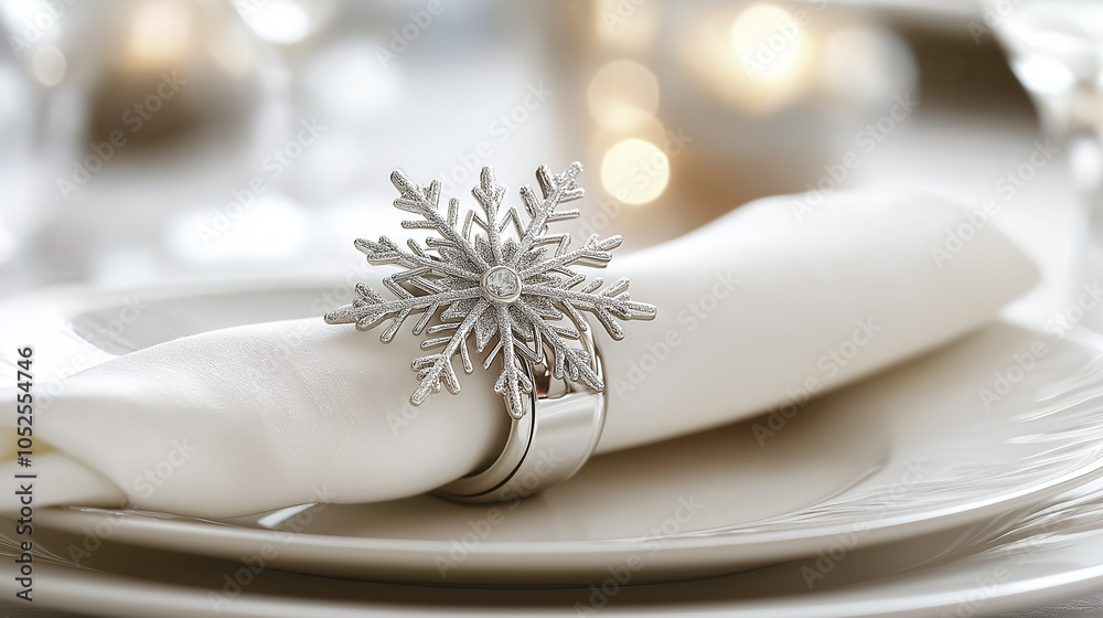 Elegant white napkin with a silver snowflake ring, perfect for festive table settings. High-detail, photorealistic close-up capturing a refined holiday ambiance on a clean, white plate. Elegant white napkin with a silver snowflake ring, perfect for festive table settings. High-detail, photorealistic close-up capturing a refined holiday ambiance on a clean, white plate.