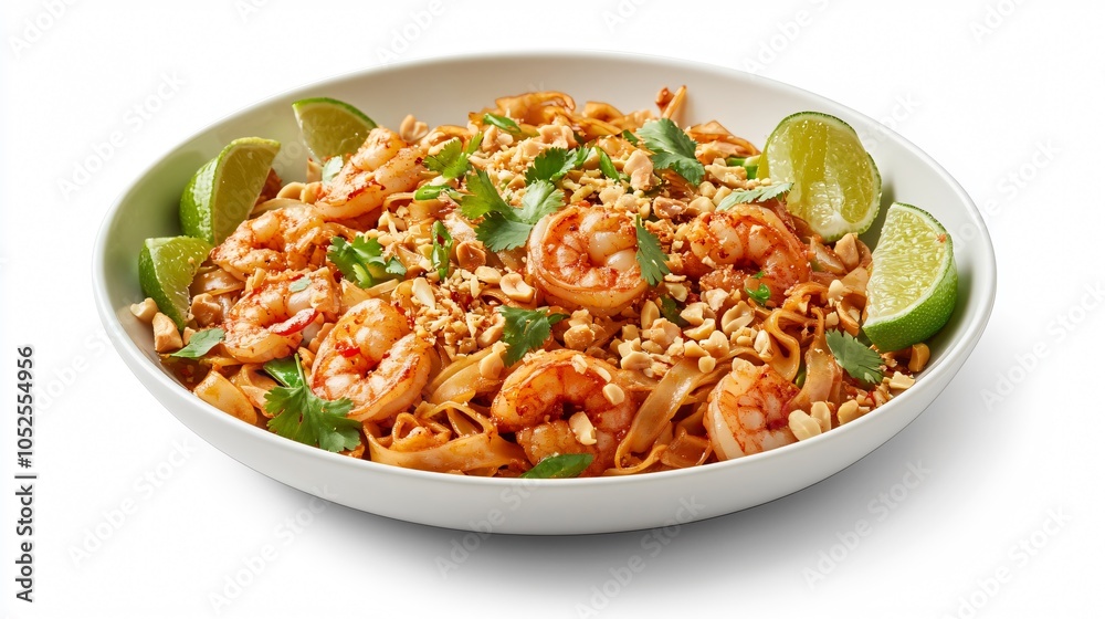 Shrimp Pad Thai with tamarind sauce, isolated on a white porcelain dish, surrounded by lime wedges, chili flakes, and crushed peanuts Shrimp Pad Thai with tamarind sauce, isolated on a white porcelain dish, surrounded by lime wedges, chili flakes, and crushed peanuts