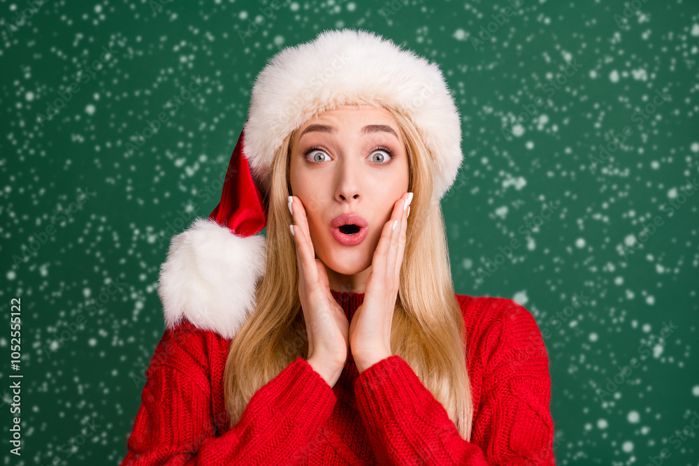 Portrait of attractive cheerful amazed blond girl good mood eve reaction isolated over green color background Portrait of attractive cheerful amazed blond girl good mood eve reaction isolated over green color background