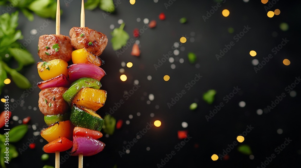 Grilled meat skewers with herbs on a barbecue grill ready for serving at a summer cookout Grilled meat skewers with herbs on a barbecue grill ready for serving at a summer cookout